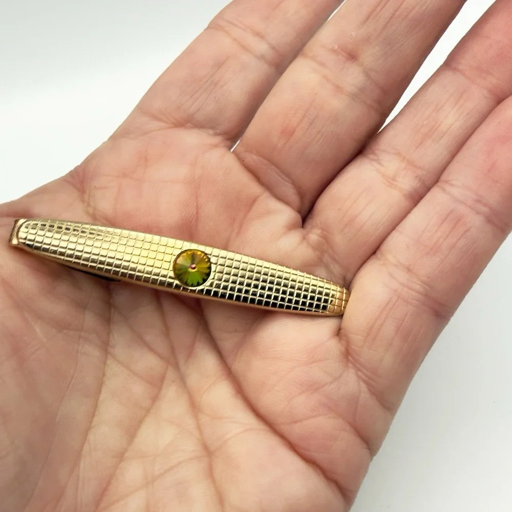 Vintage Gold Tone Tie Clip Bar Watermelon Rivoli Rhinestone Mid Century Mad Man